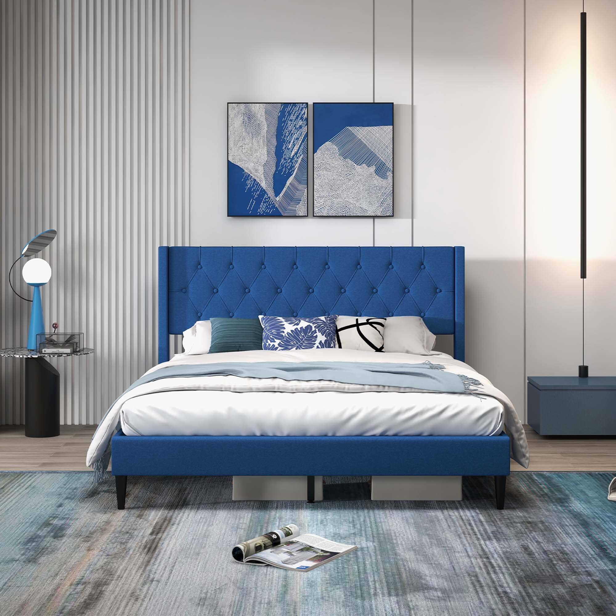 Alt View 8. Costway - Costway Queen Size Upholstered Platform Bed with Button Tufted Wingback Headboard - Blue.
