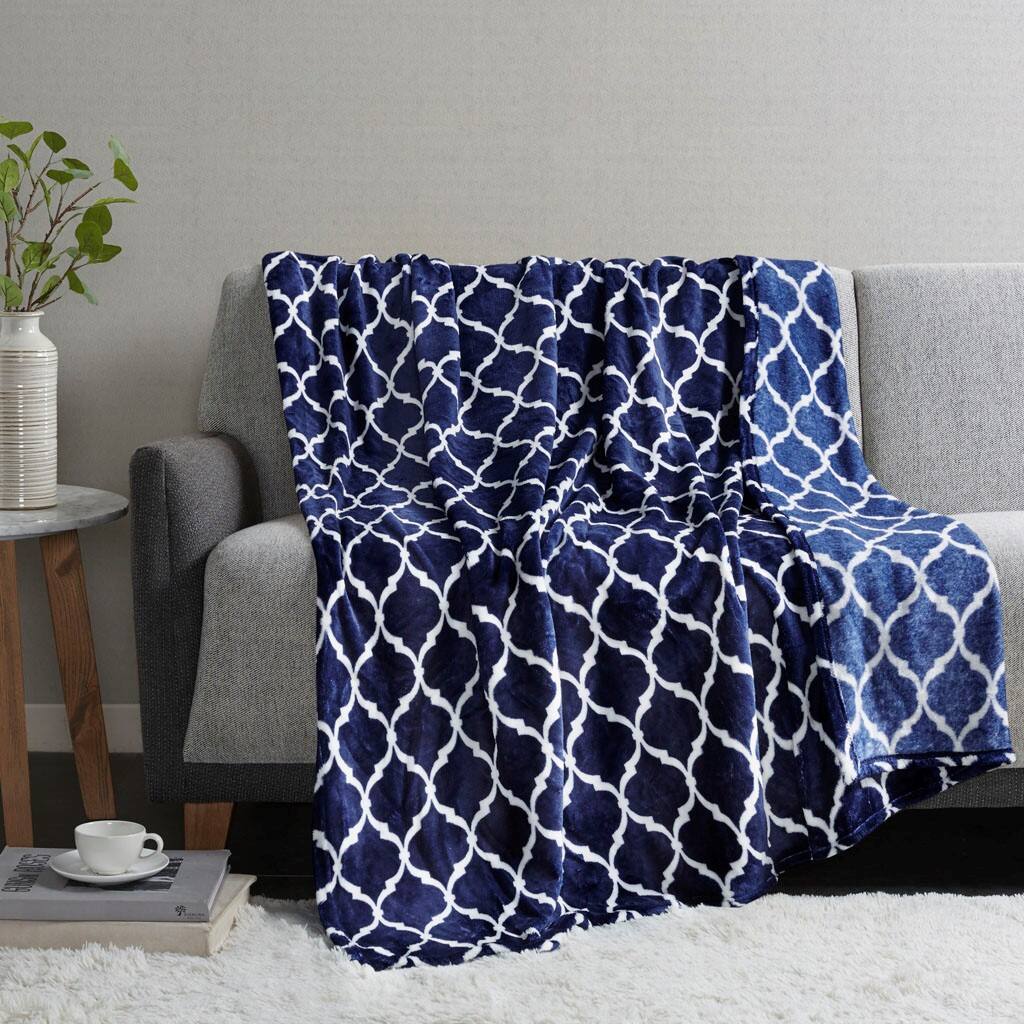Alt View 1. Gracie Mills - Gracie Mills Graig Modern Ogee Print Microlight Oversized Plush Throw Blanket - Navy.