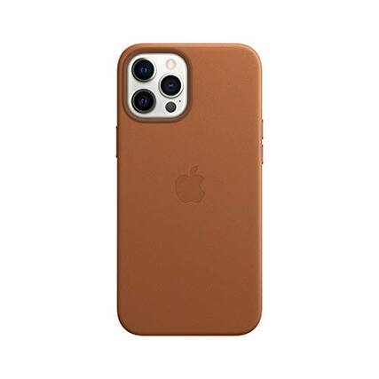 Front. Apple - Apple iPhone 12 Pro Max Leather Case with MagSafe - Saddle Brown - Brown.