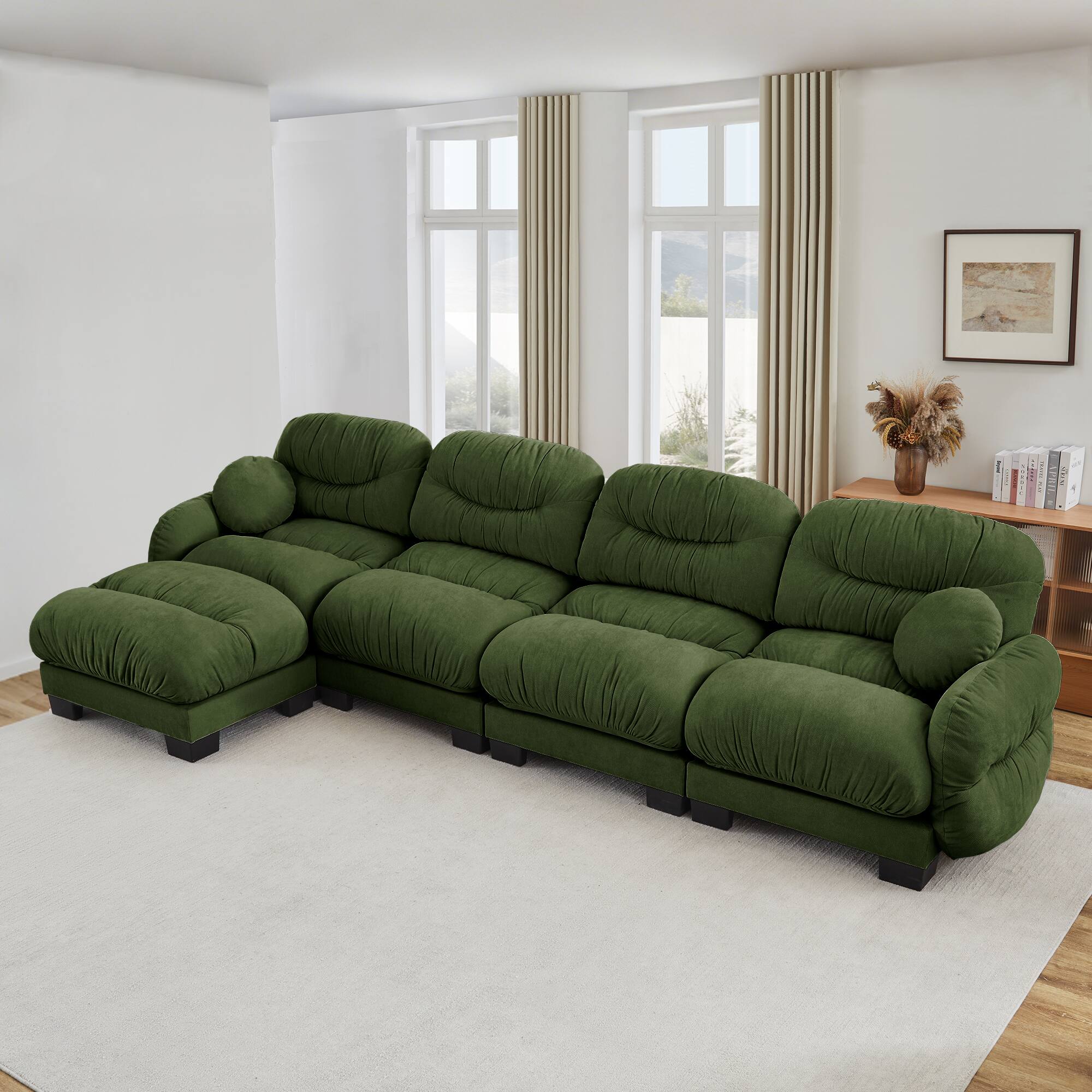 Left. Anysun - 4-Seater L Shape Sectional Couch with Ottoman, Chenille Fabric, High-Density Foam & Curved Armrests for Living Room - Green.