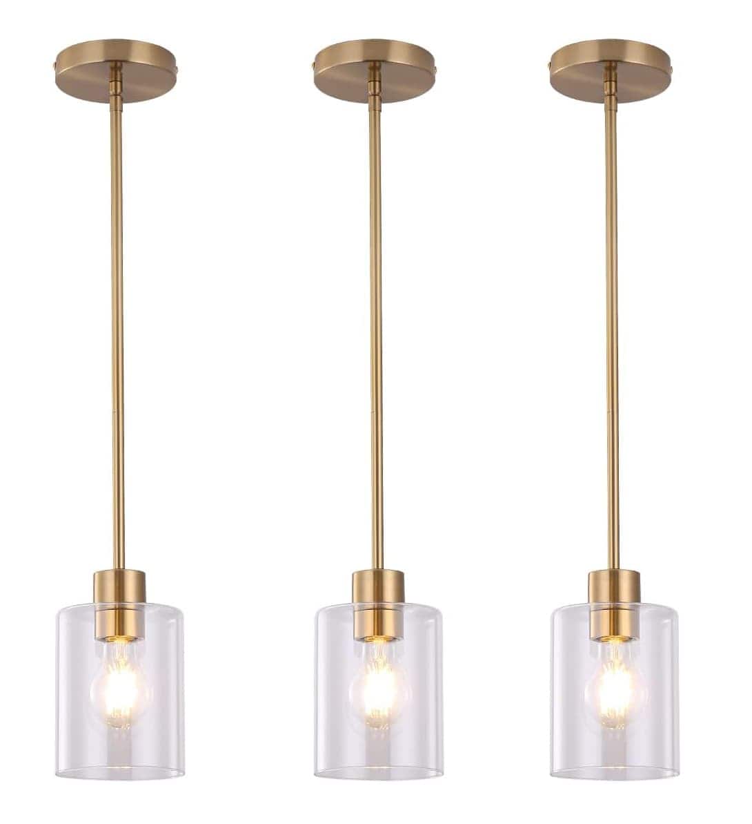 FINEAK - Clear Glass Pendant Lights - 3 Pack with Multiple Stems (3×12" & 3×4" Rods) - Brass