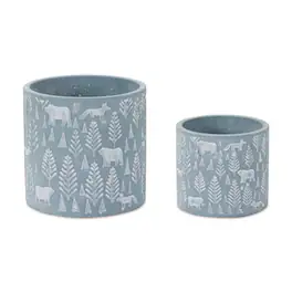 BreeBe - Woodland Winter Stone Planter (Set of 2) - Blue, White