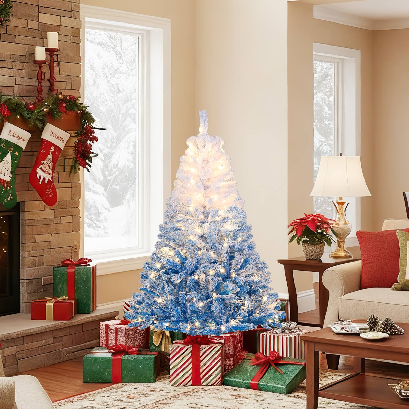 Alt View 1. Gymax - Gymax 5 FT Artificial Christmas Tree Hinged Snow Flocked Xmas Tree w/ 456 Branch Tips - Blue.