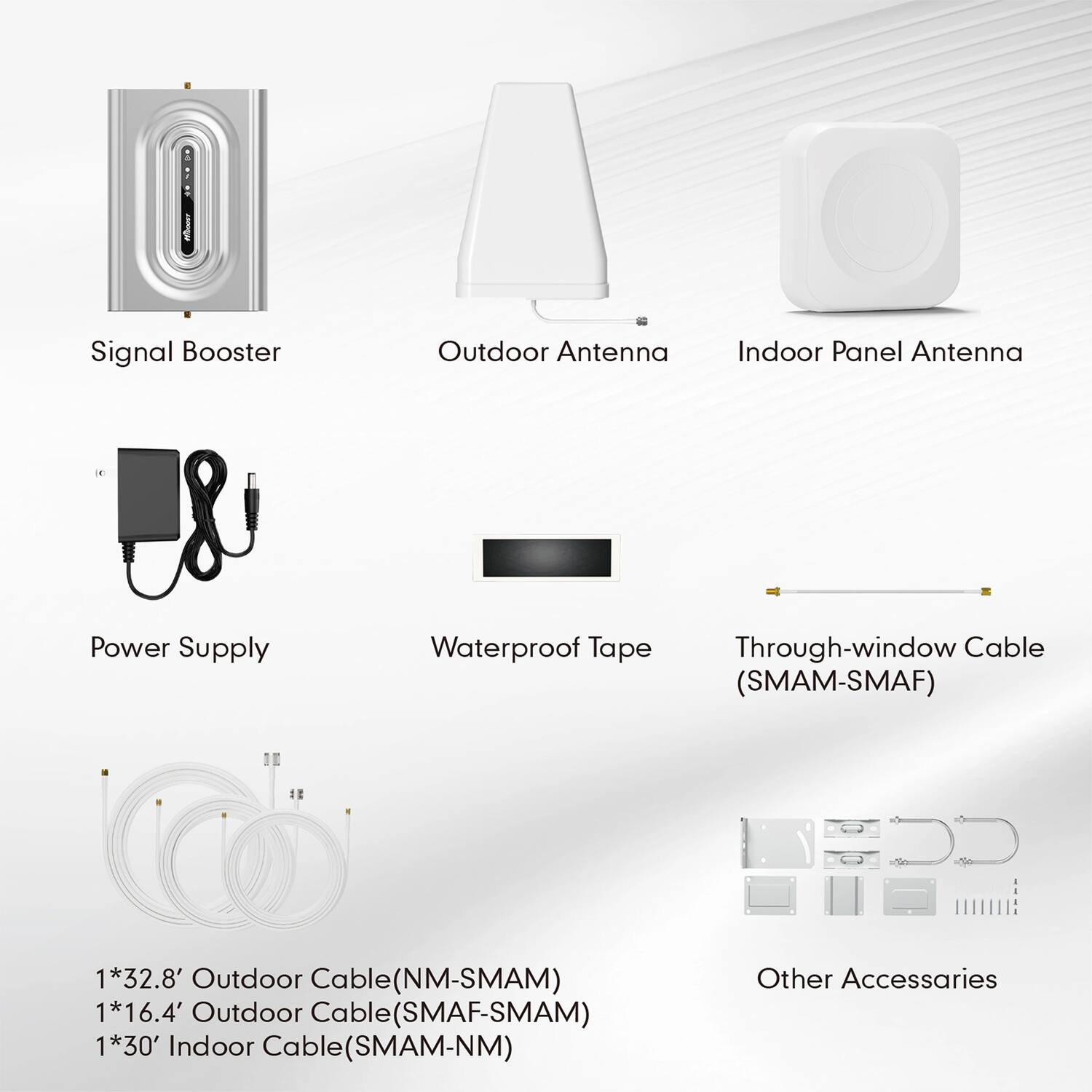 Signal Booster  
Outdoor Antenna  
Indoor Panel Antenna  

Power Supply  
Waterproof Tape  
Through-window Cable (SMAM-SMAF)  

1*32.8' Outdoor Cable (NM-SMAM)  
1*16.4' Outdoor Cable (SMAF-SMAM)  
1*30' Indoor Cable (SMAM-NM)  

Other Accessories