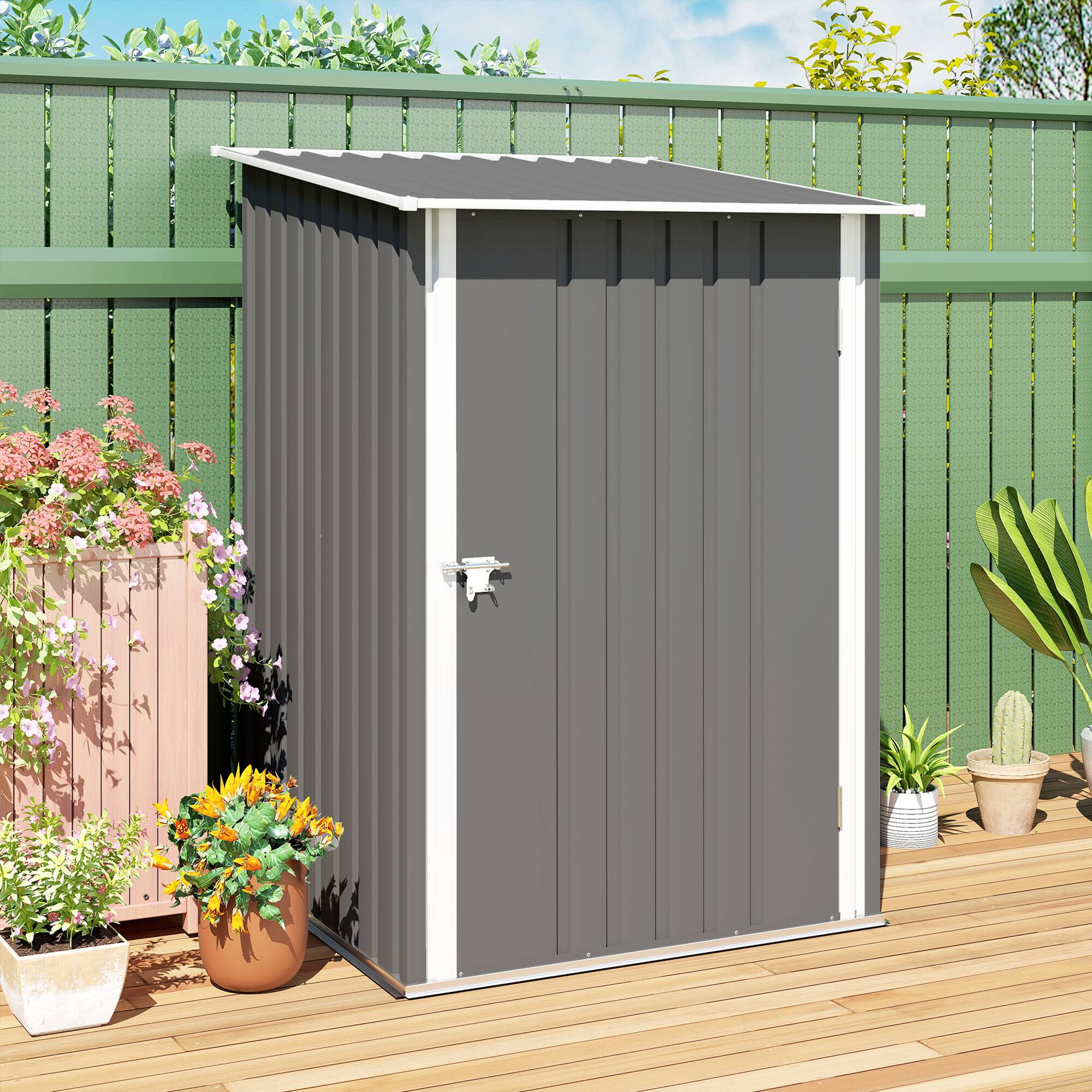 Alt View 5. Outsunny - Outsunny 3.3' x 3.4' Outdoor Storage Shed, Metal Garden Tool House with Sloping Roof and Lockable Door - Gray.