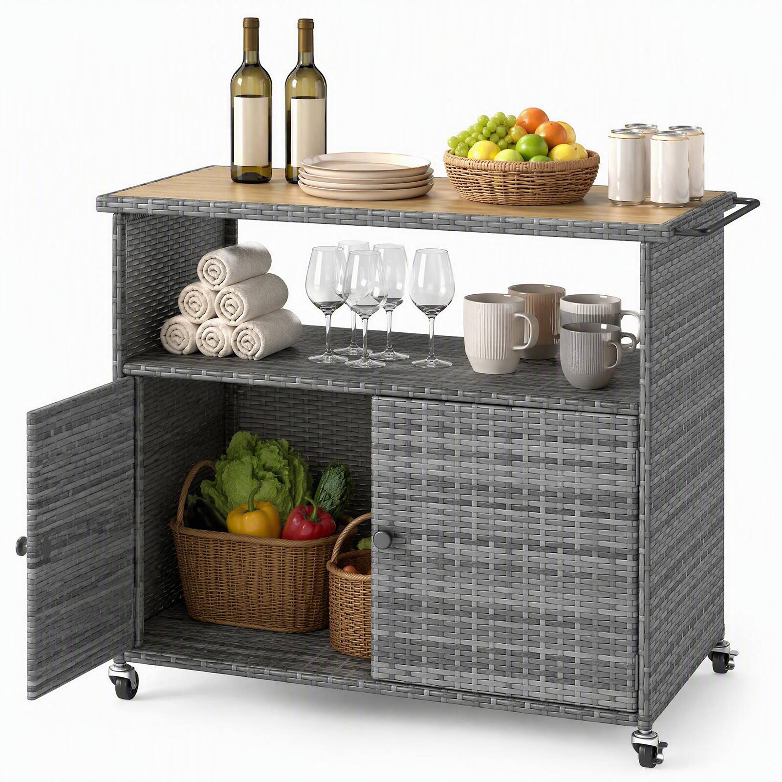 Alt View 9. Costway - Costway Outdoor Storage Cabinet with Acacia Wood Top 2 Doors Buffet Cabinet Sideboard - Mix Gray.