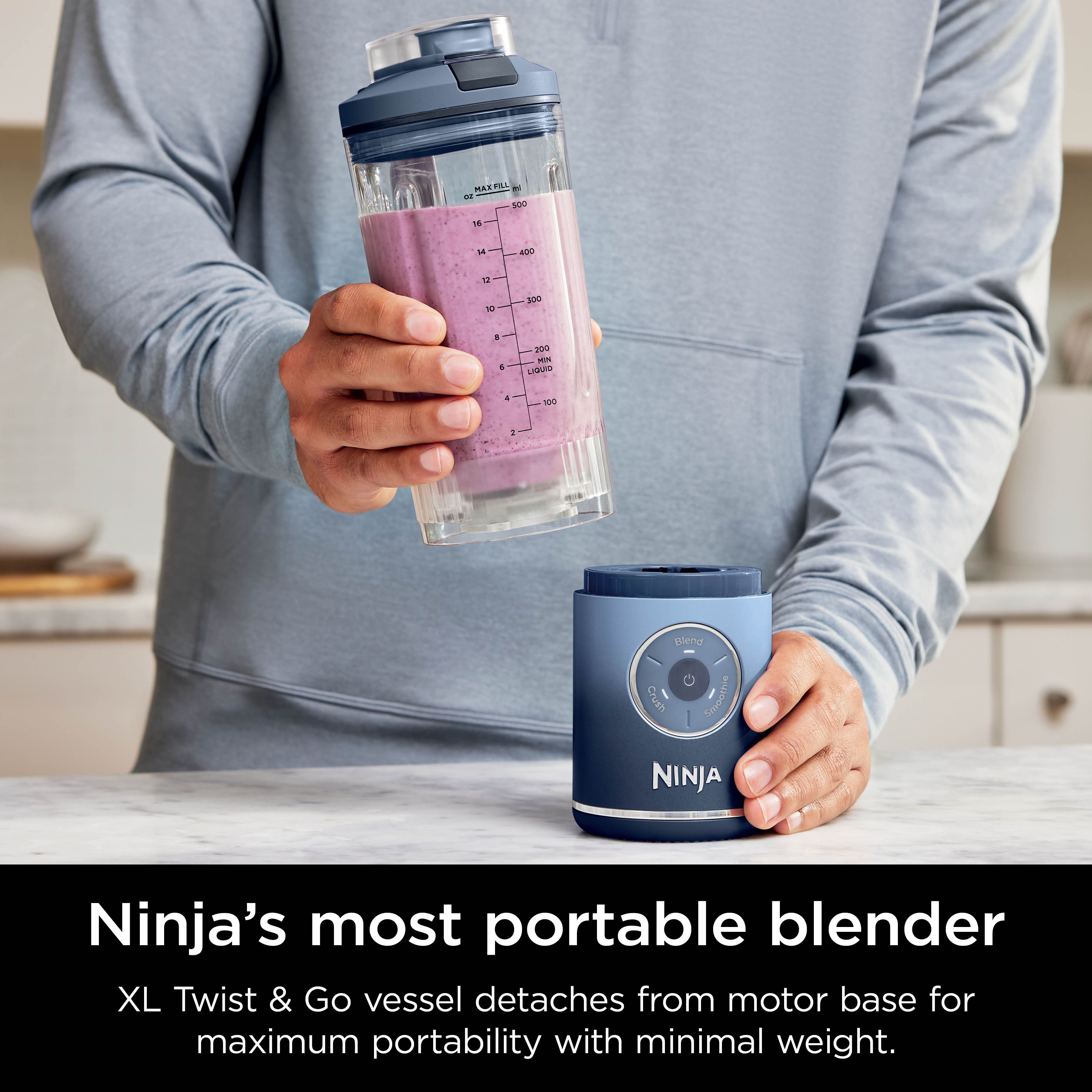 Ninja's most portable blender XL Twist & Go vessel detaches from motor base for maximum portability with minimal weight.