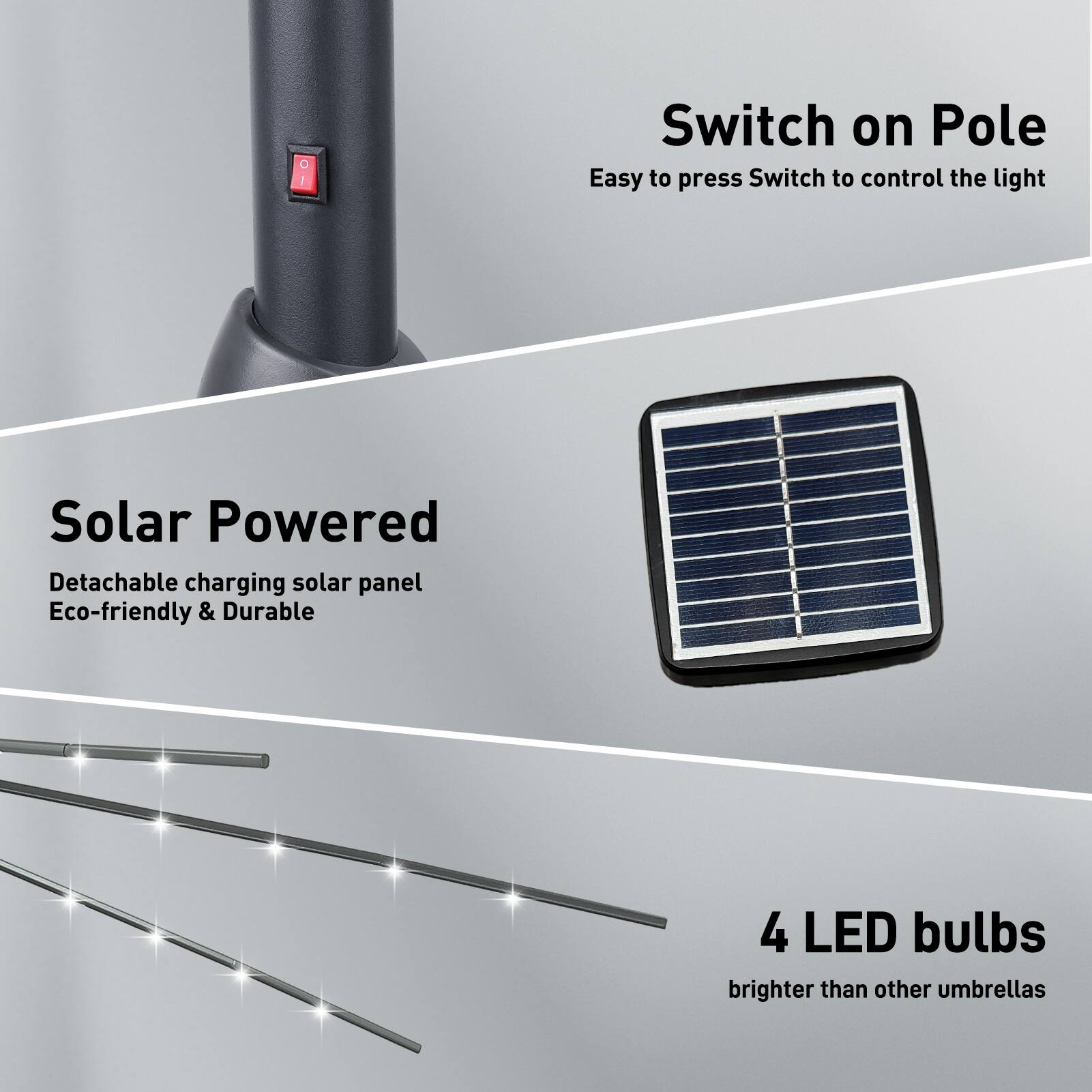 - Switch on Pole: Easy to press Switch to control the light
- Solar Powered: Detachable charging solar panel, Eco-friendly & Durable
- 4 LED bulbs: brighter than other umbrellas