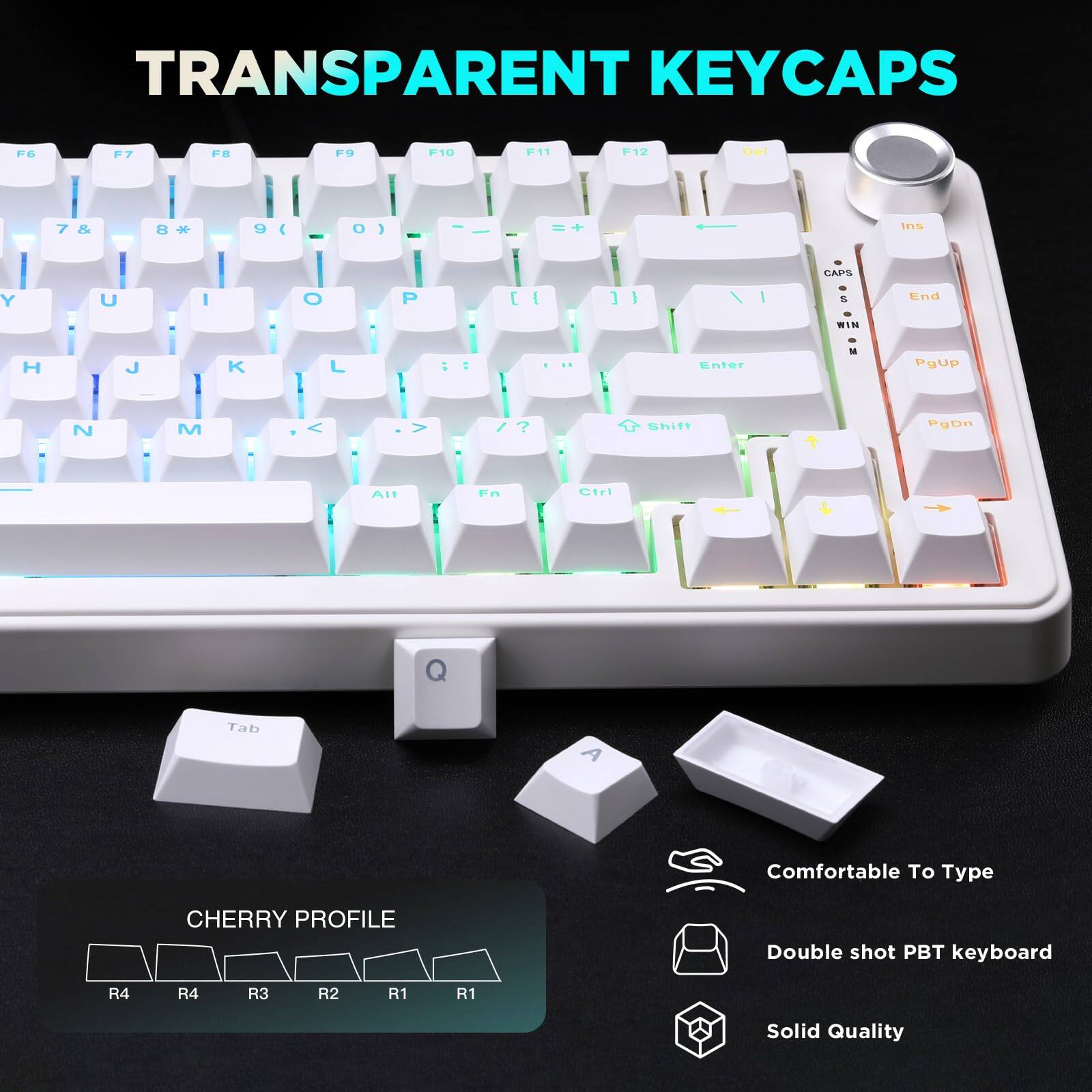 **TRANSPARENT KEYCAPS**

- F6 F7 F8 F9 F10 F11 F12 Del 7 & 8 * 9 ( 0 ) - + Ins CAPS Y U I O P [ ] 1 I S End WIN H J K L Enter M PgUp N M V > Shift PgDn Alt Fn Ctrl Tab

**CHERRY PROFILE**
- R4 R4 R3 R2 R1 R1

**Comfortable To Type**

**Double shot PBT keyboard**

**Solid Quality**