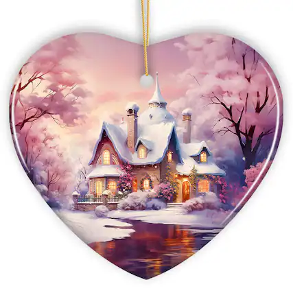 Front. OrnamentallyYou - Picturesque Snowy Evening House Illustration Christmas Ornament Peaceful Home Decoration Heart - Multi-colored.
