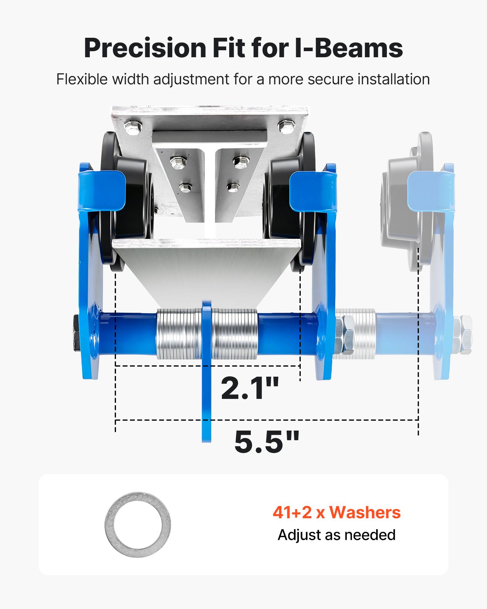 Precision Fit for I-Beams  
Flexible width adjustment for a more secure installation  
2.1" 5.5"  
41+2 x Washers  
Adjust as needed