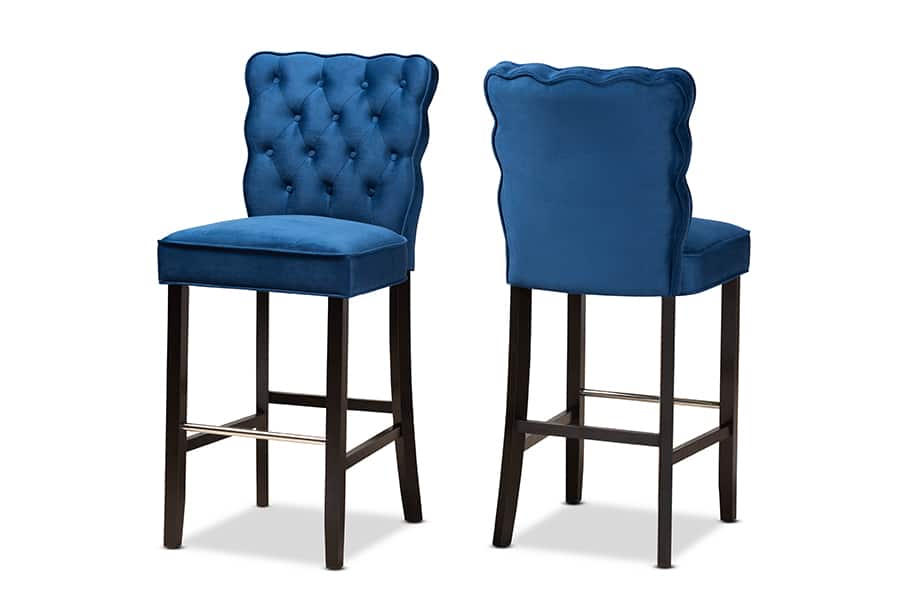 Baxton Studio - Daphne Modern Velvet Upholstered and Dark Brown Finished 2-Piece Bar Stool Set - Navy Blue/Dark Brown
