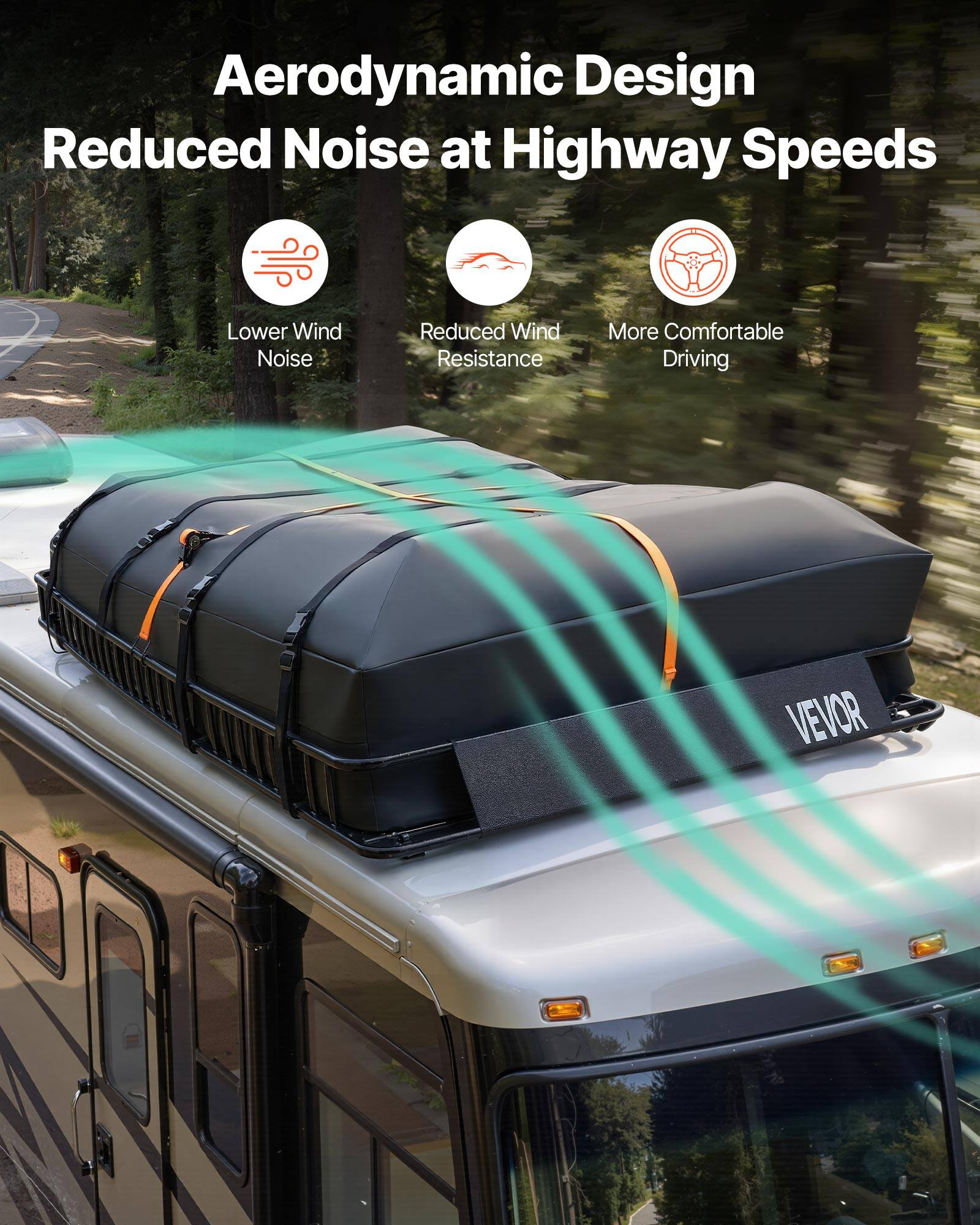 Aerodynamic Design  
Reduced Noise at Highway Speeds  
- Lower Wind Noise  
- Reduced Wind Resistance  
- More Comfortable Driving  

VEVOR
