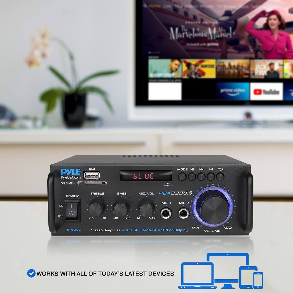 PYLE  
PyleUSA.com  

PDA29BU.5  

POWER  
ON/OFF  

TREBLE  
-10 +10  

BASS  
-10 +10  

MIC/VOL  
MIN MAX  

VOLUME  
MIN MAX  

Stereo Amplifier with USB/SD/MMC/FM/BT/Led Display  

100Wx2  

WORKS WITH ALL OF TODAY'S LATEST DEVICES