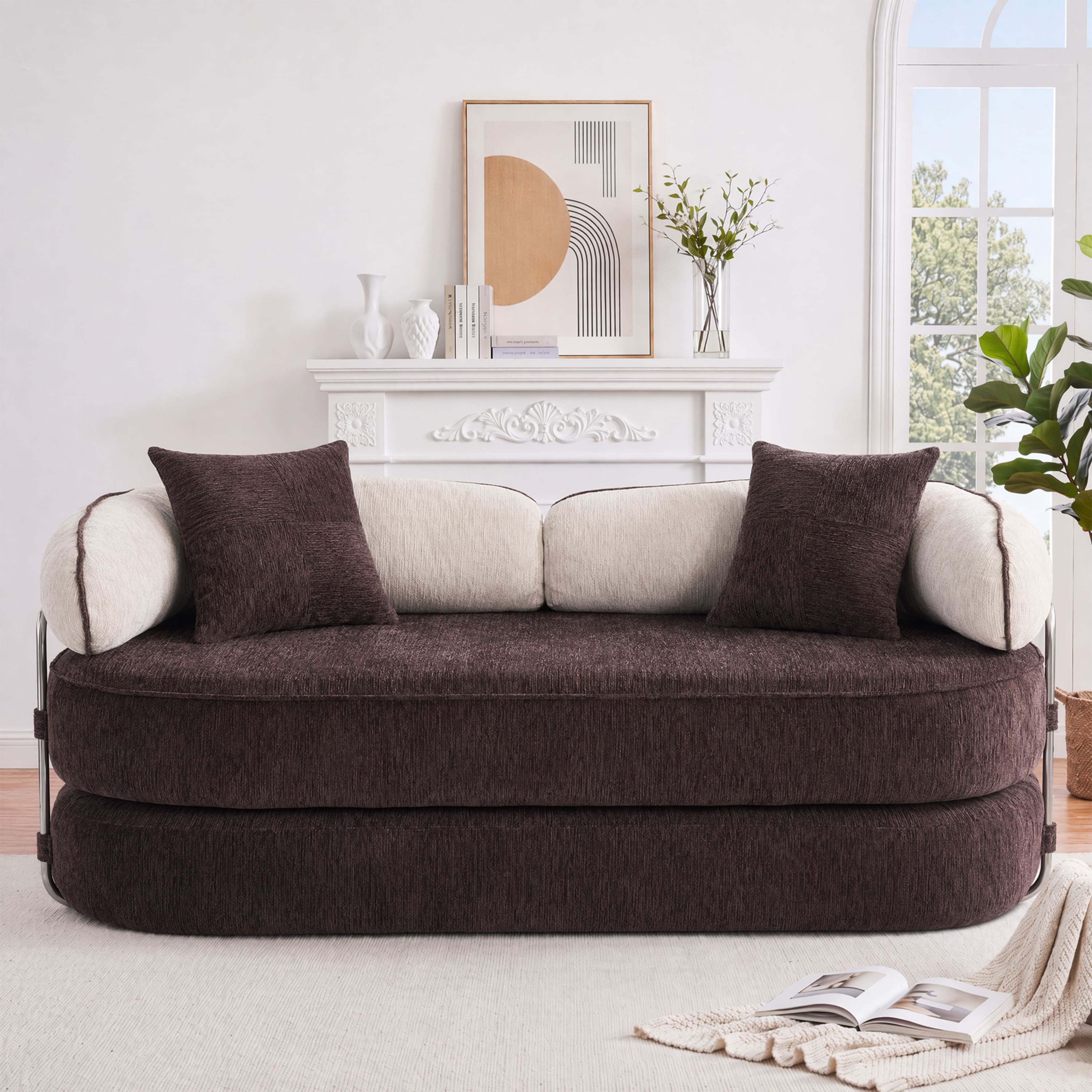Vipbear - Curved Loveseat with 4 Pillows, Modern Boneless Couch, Convertible Sleeper Sofa Bed - Brown/Cream price history on PriceWatchPro