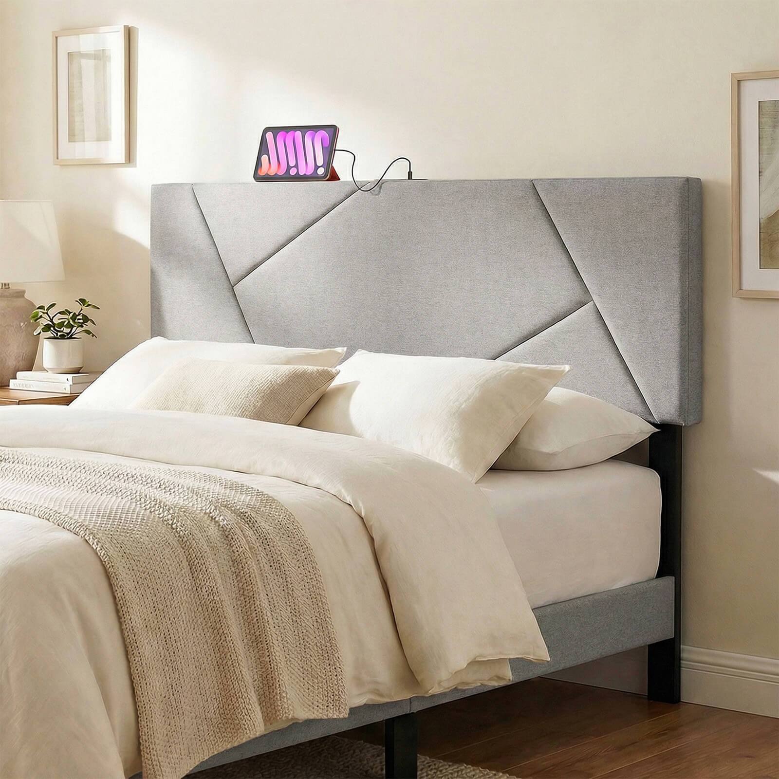 Alt View 1. Costway - Costway Headboard for Queen&Full Size Bed,Geometric Upholstered Head Board with 2AC Outlets - Gray.
