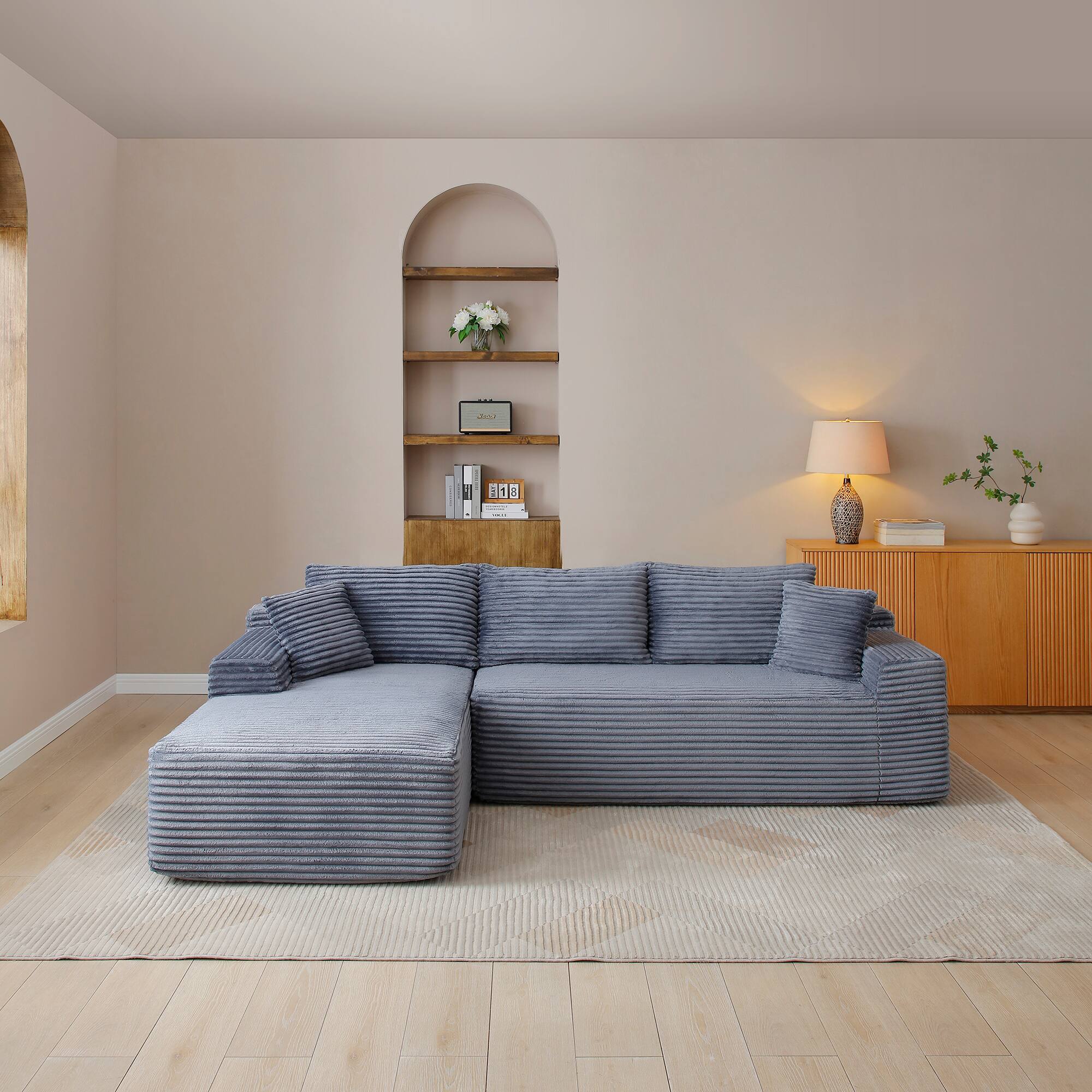 Left. Whisen - Modular L-Shaped Sectional Compressed Sofa with Soft Corduroy and Deep Seats,No Assembly Required-Gray - Gray.