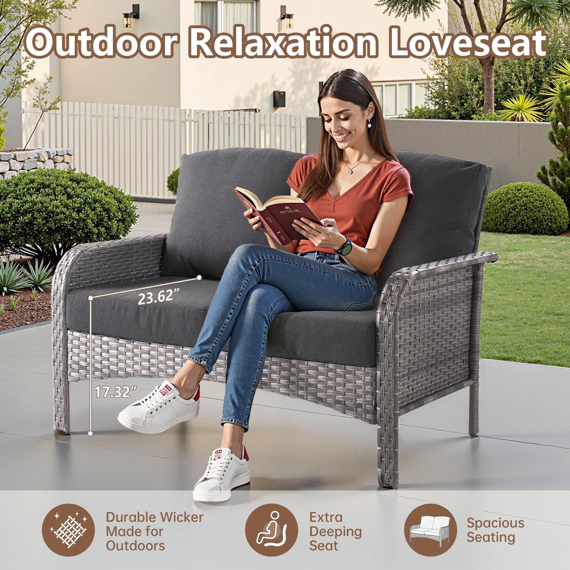 Outdoor Relaxation Loveseat

- Durable Wicker Made for Outdoors
- Extra Deeping Seat
- Spacious Seating

Dimensions:
- 23.62"
- 17.32"
