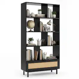 Costway - Wooden Bookcase,6-Tier Bookshelf with 8 Open Cubes, Rattan Drawer & Metal Legs - Black