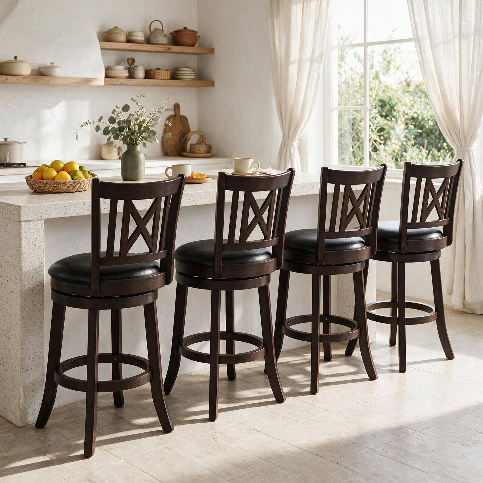 Alt View 1. Costway - Costway Set of 4 Bar Stools 26" Swivel Bar Chairs with Footrest, Hollowed Backrest - Brown 26".
