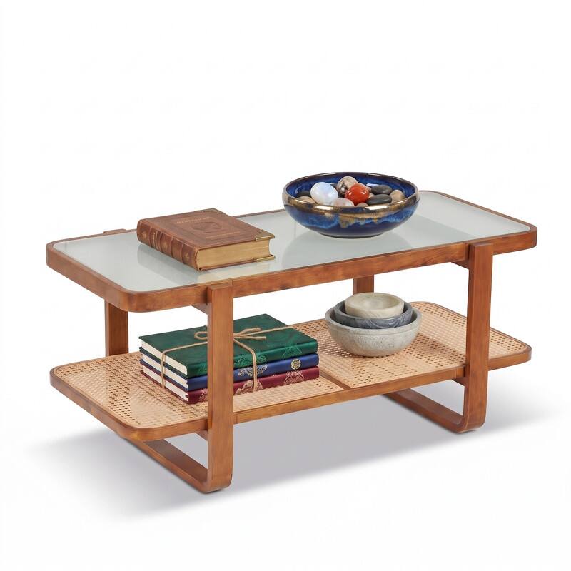 Left. WELLFOR - 2-Tier Boho Rattan Coffee Table with Tempered Glass Top and Storage Shelf, Rectangle Center Table Cocktail Tea Table - Walnut.