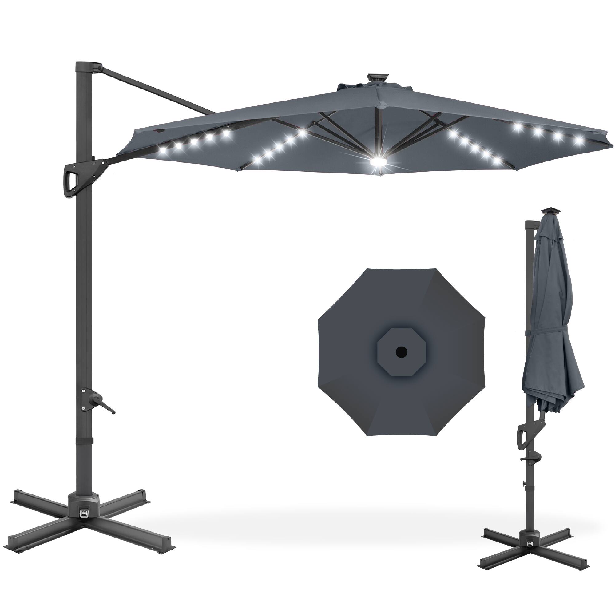Best Choice Products - 10ft 360-Degree Solar LED Lit Cantilever Patio Umbrella, Outdoor Hanging Shade - Slate