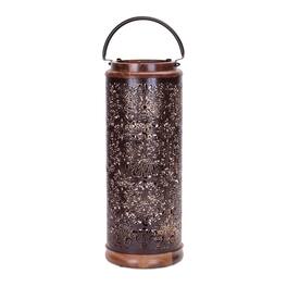 BreeBe - Punched Metal Lantern with Natural Wood Accents 19"H - Brown