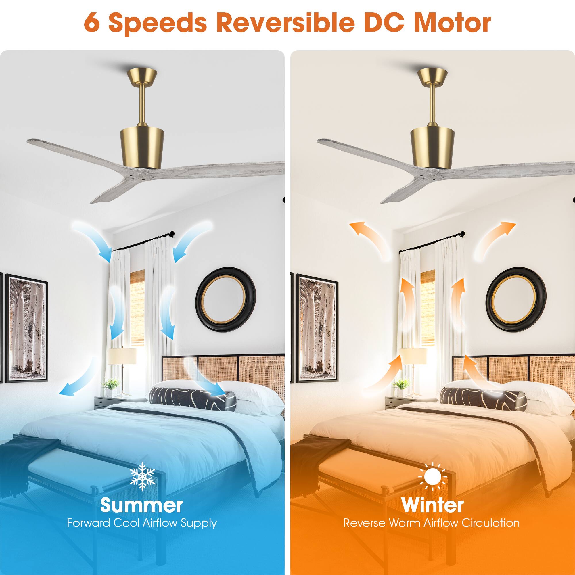 6 Speeds Reversible DC Motor

Summer  
Forward Cool Airflow Supply

Winter  
Reverse Warm Airflow Circulation