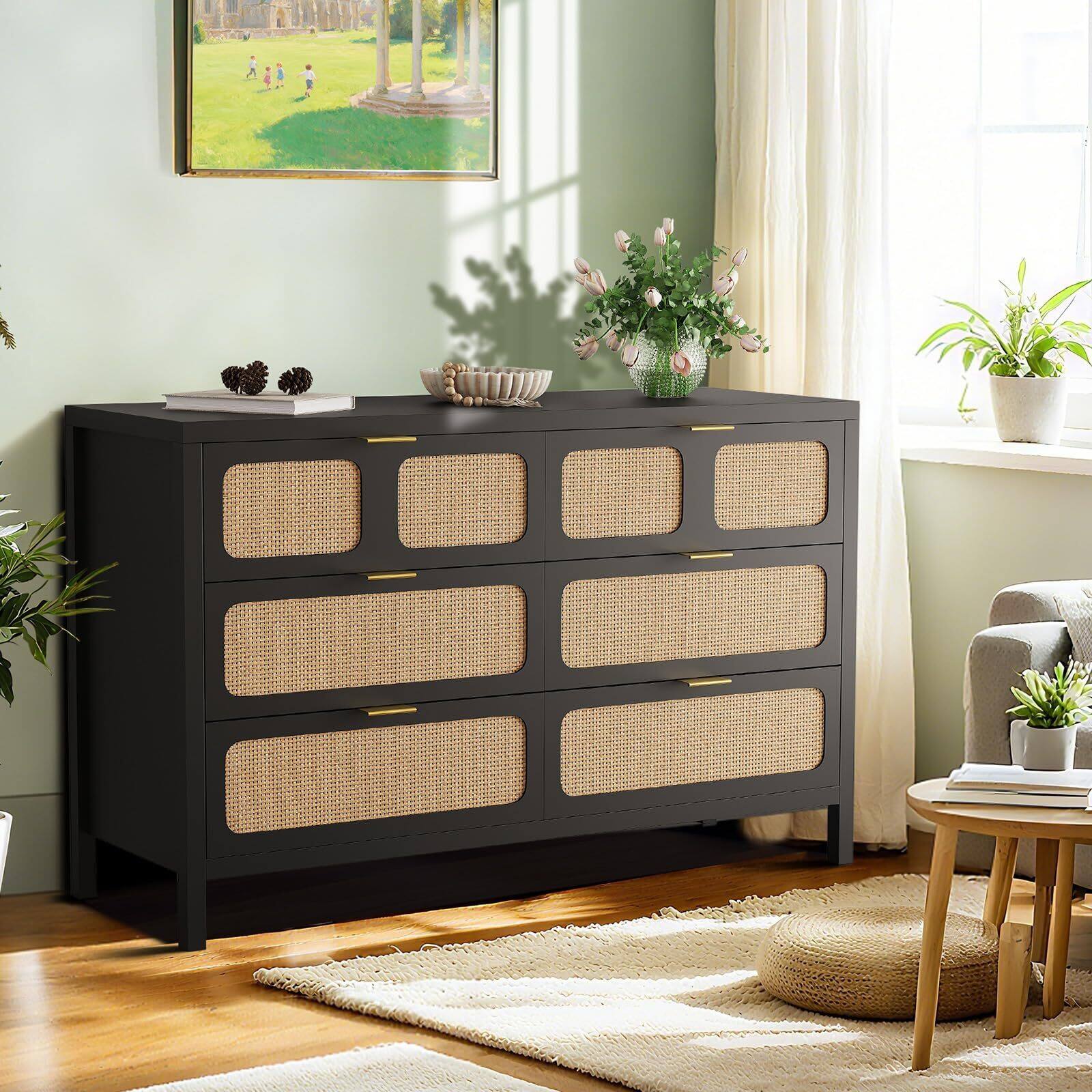 Alt View 5. Jojoka - 6 Drawer Dresser, Rattan Dresser for Bedroom with Metal Handles, Farmhouse Wood Storage Chest - Brown.