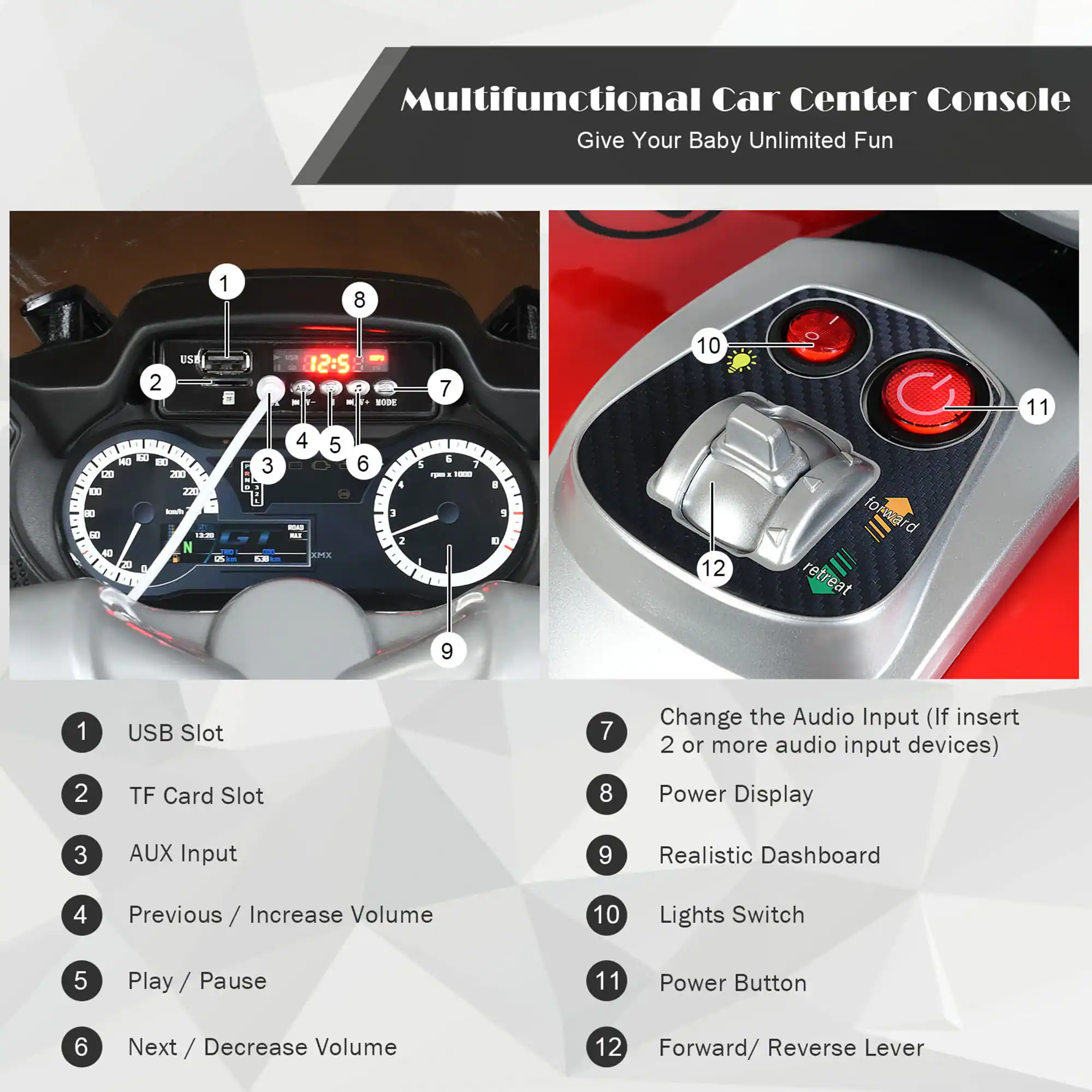 Multifunctional Car Center Console  
Give Your Baby Unlimited Fun  

1. USB Slot  
2. TF Card Slot  
3. AUX Input  
4. Previous / Increase Volume  
5. Play / Pause  
6. Next / Decrease Volume  
7. Change the Audio Input (If insert 2 or more audio input devices)  
8. Power Display  
9. Realistic Dashboard  
10. Lights Switch  
11. Power Button  
12. Forward/ Reverse Lever