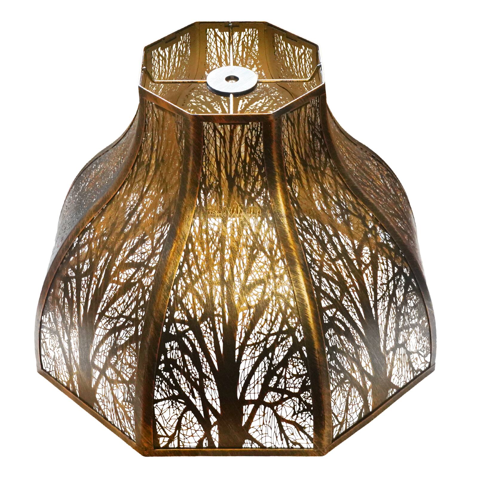 Front. Alucset - Elegant Octagonal Lotus Metal Lamp Shade with Engraved Forest Design, Antique Bronze and Gold Plating, Spider Fitter - Antique Bronze & Gold.