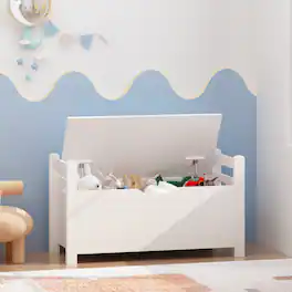 Z-Edge - Kids Storage Bench, Wooden Toy Box Chest, Large Storage Cabinet with Safety Hinge, Flip-Top Lid for Nursery, Playroom - White