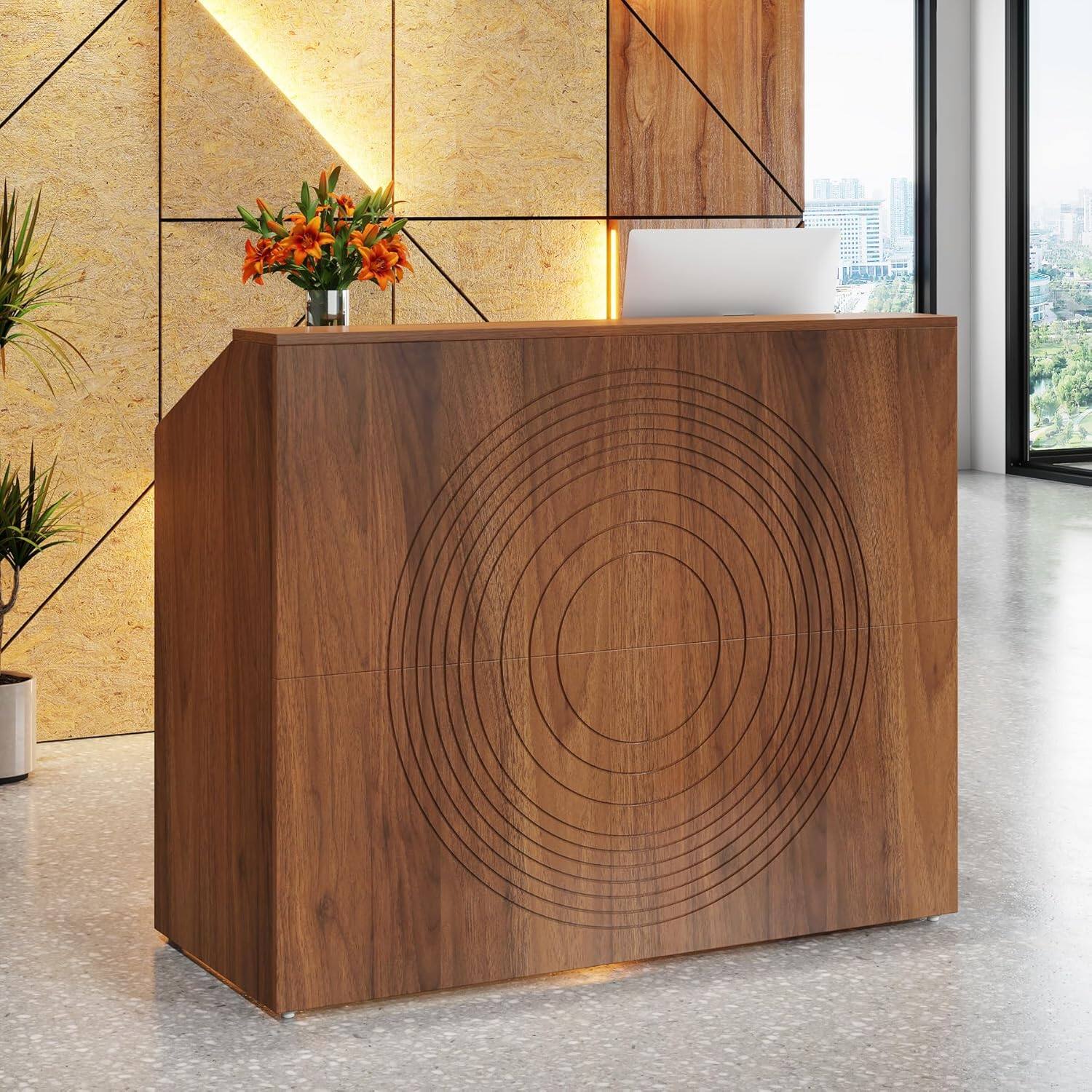 Alt View 1. Tribesigns - Office Reception Desk with Engineered Wood Construction, for Front Desk Work in Reception Areas and Shared Workspaces - Brown.