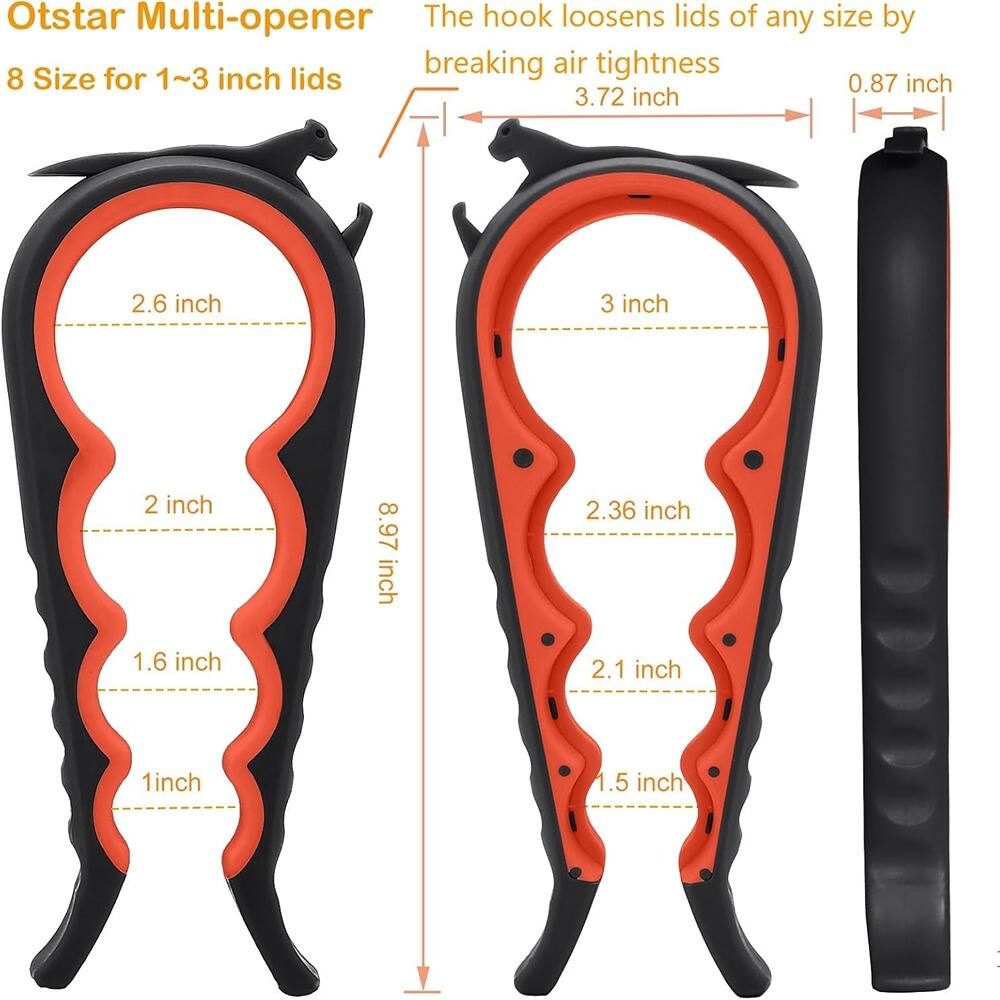 Otstar Multi-opener  
8 Size for 1~3 inch lids  

The hook loosens lids of any size by breaking air tightness  

- 3.72 inch  
- 0.87 inch  

- 2.6 inch  
- 2 inch  
- 1.6 inch  
- 1 inch  
- 1.5 inch  

- 3 inch  
- 2.36 inch  
- 2.1 inch  

- 8.97 inch