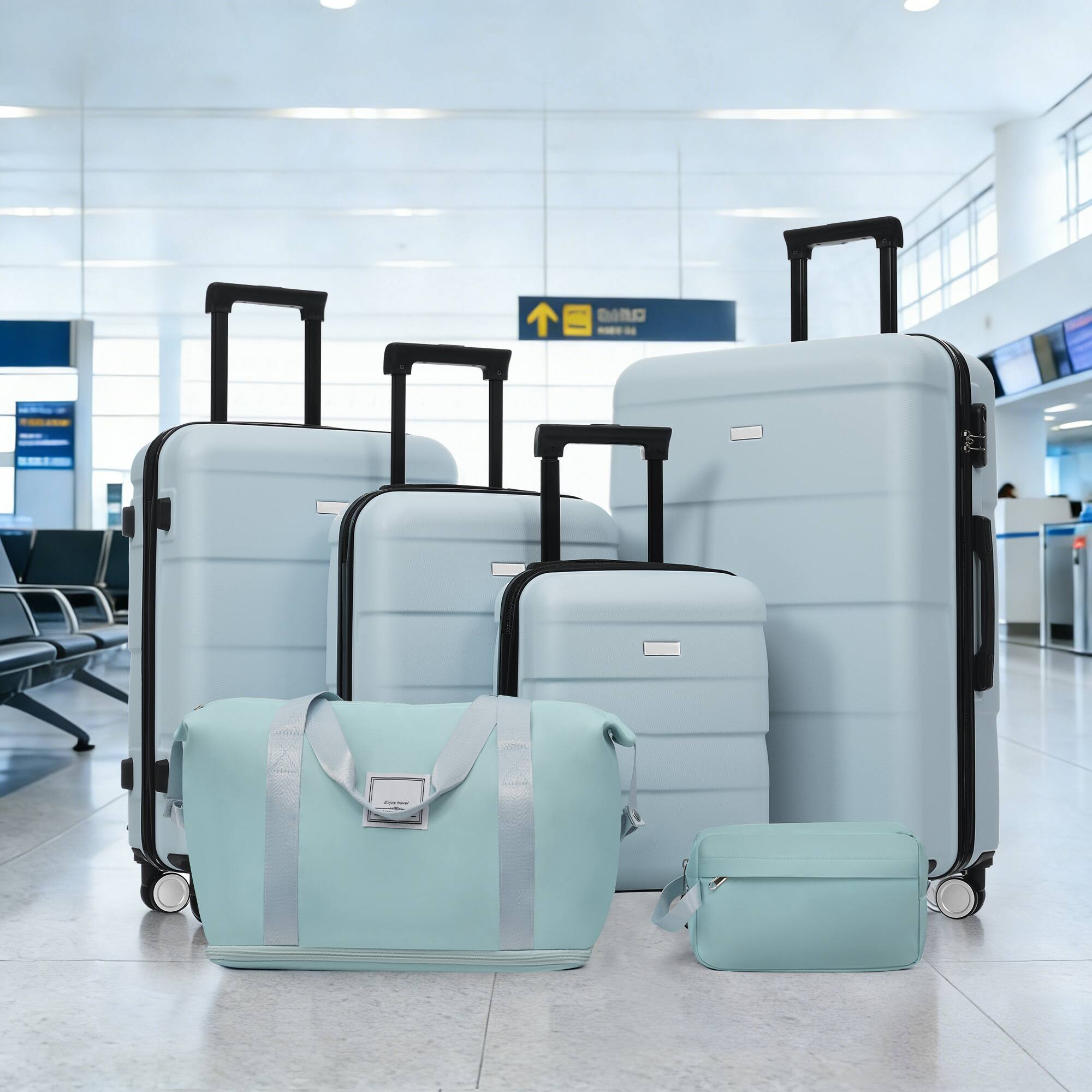 Alt View 8. Ecooso - 6-Piece ABS Hard Shell Luggage Set with Duffel & Toiletry Bag, Password Lock, Double Spinner Wheels, 16/20/24/28 - Light Blue.