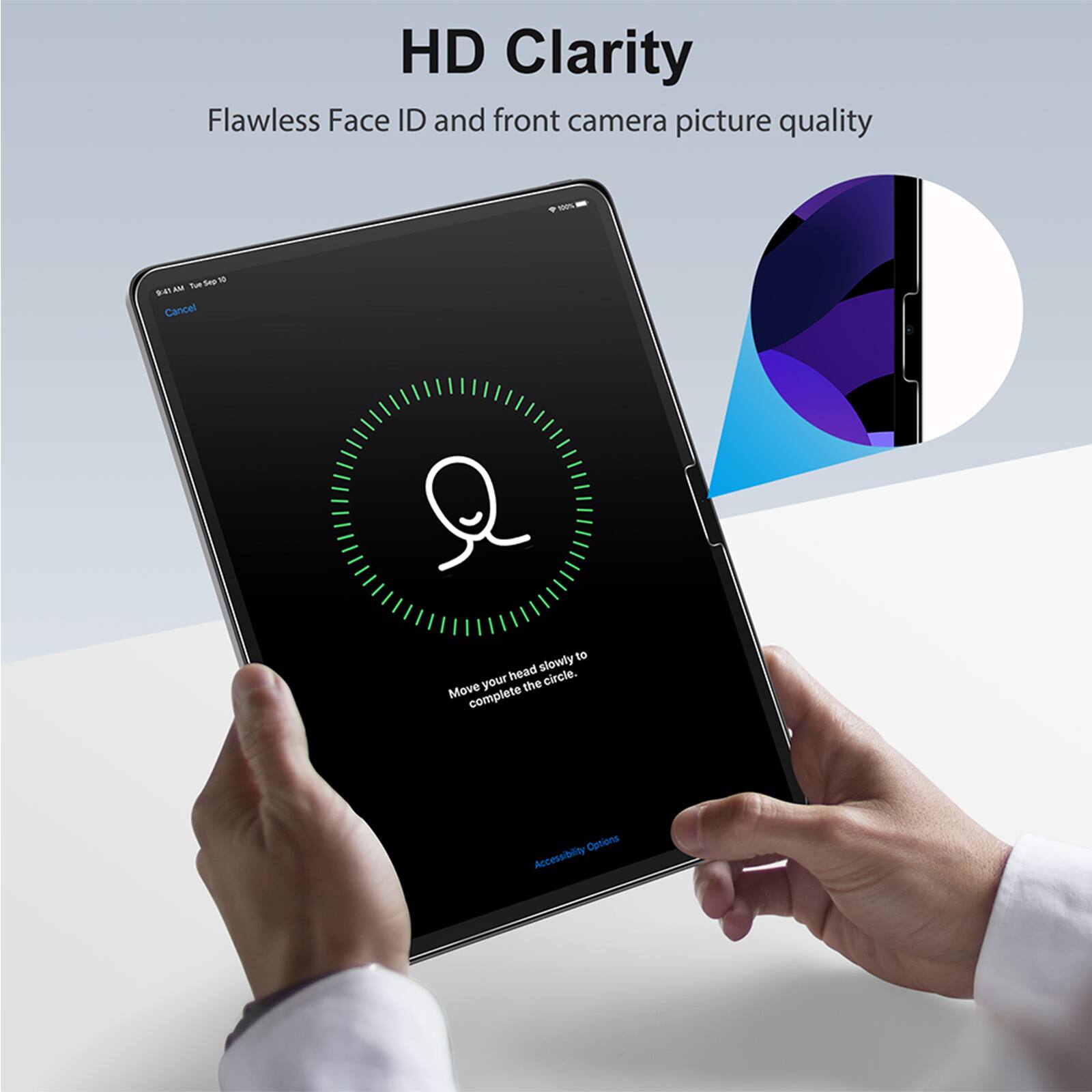 The text on the image is grouped and corrected as follows:

"HD Clarity: Flawless Face ID and front camera picture quality."