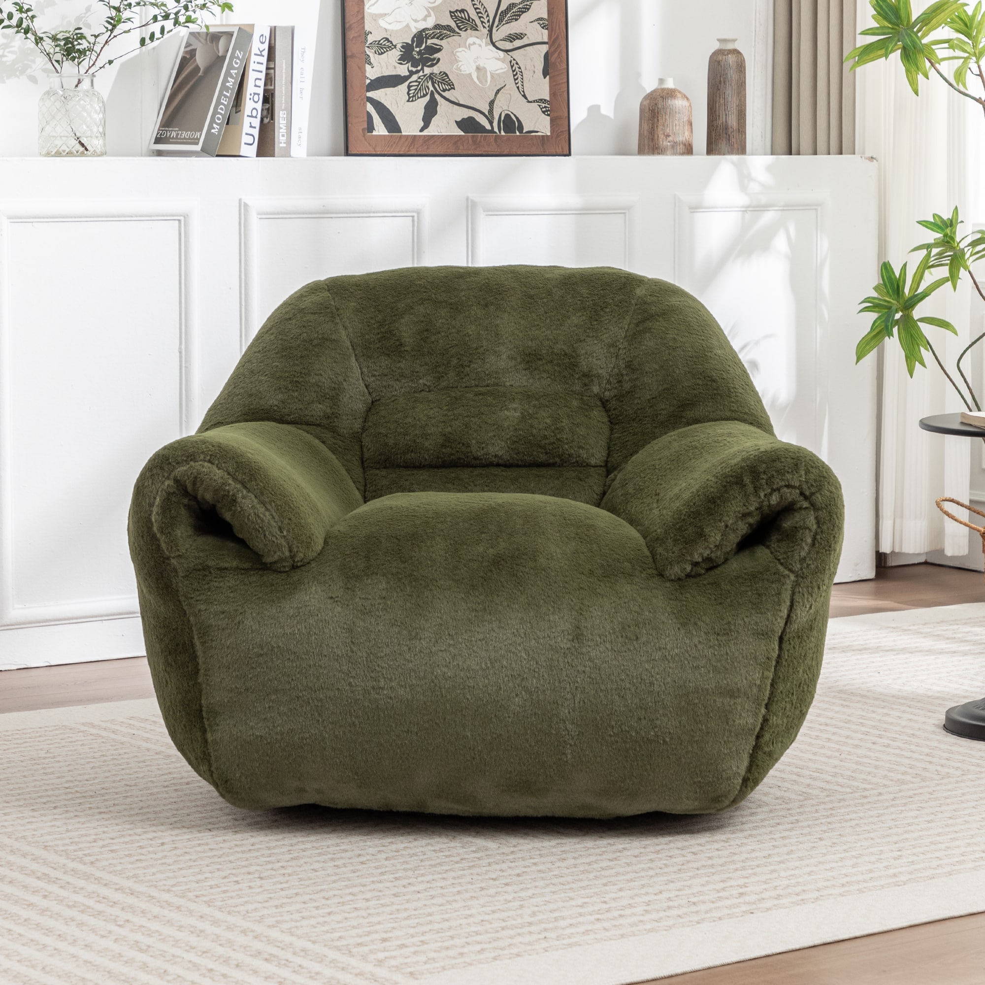 GOODSILO - Comfy Bean Bag Chair with Back Support - Faux Fur Stuffed Floor Sofa for Living Room, Bedroom, Apartment - Green