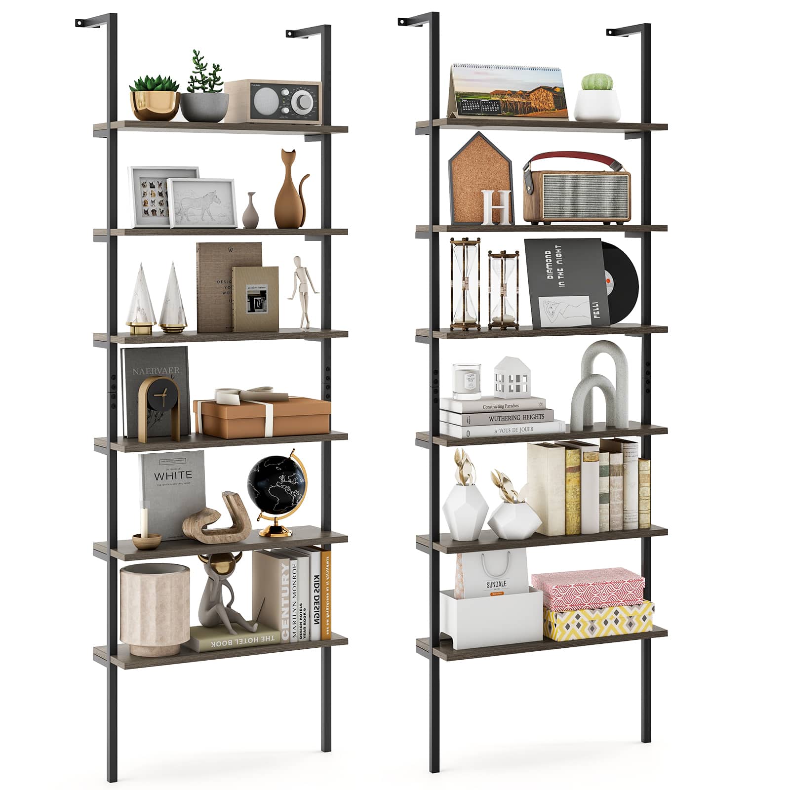 Gymax - 2 PCS 6-tier Ladder Shelf 72 Inches Industrial Wall Mounted Bookshelf - Oak