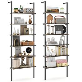 Gymax - 2 PCS 6-tier Ladder Shelf 72 Inches Industrial Wall Mounted Bookshelf - Oak