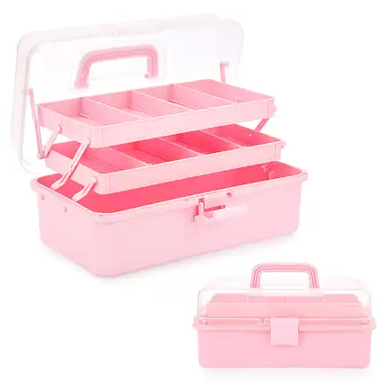 Front. HM 1810 - BTSKY 3 Layer Dividing Storage Craft Organizer Adjustable Spacers Portable Handled Multipurpose - Pink.