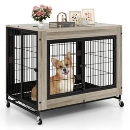 Costway - 38" Heavy-Duty Rolling Dog Kennel on Wheels w/ Chew-Resistant Indoor Pet Furniture Wood Dog House