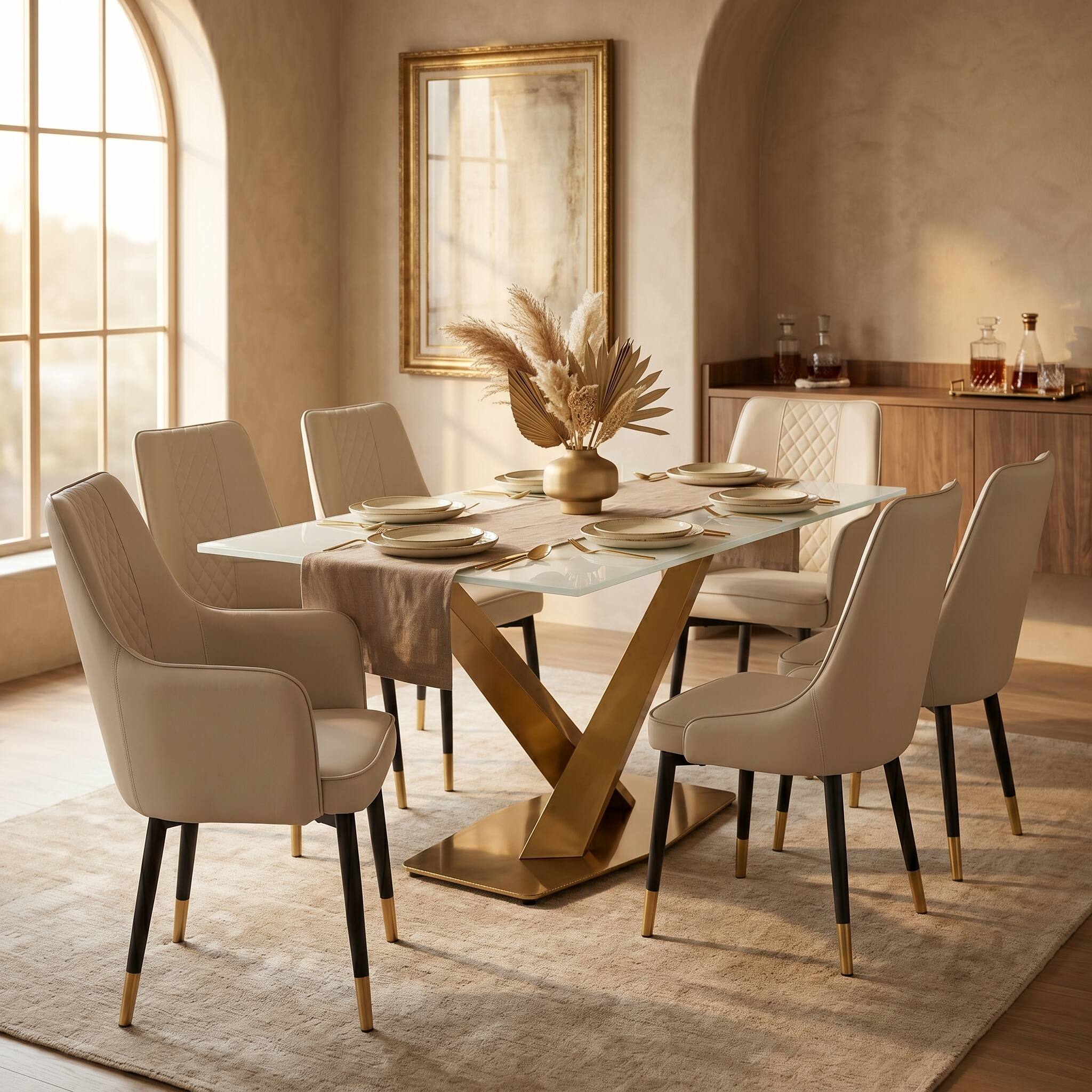 Left. LeisureMod - Allure Diamond-Tufted PU Leather Dining Chair, Black Steel Legs with Gold Accents, Padded Accent Chair - Light Taupe.