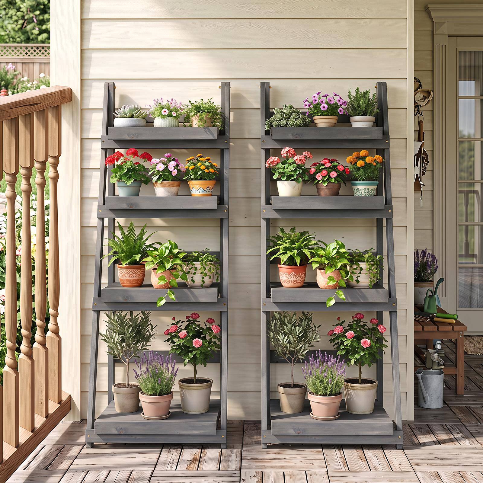 Alt View 1. Costway - Costway 4-Tier Plant Stand Foldable Ladder Plant Shelf with Slatted Shelves, Fir Wood Frame - Gray.