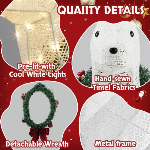 QUALITY DETAILS

- Pre-lit with Cool White Lights
- Hand-sewn Tinsel Fabrics
- Detachable Wreath
- Metal frame