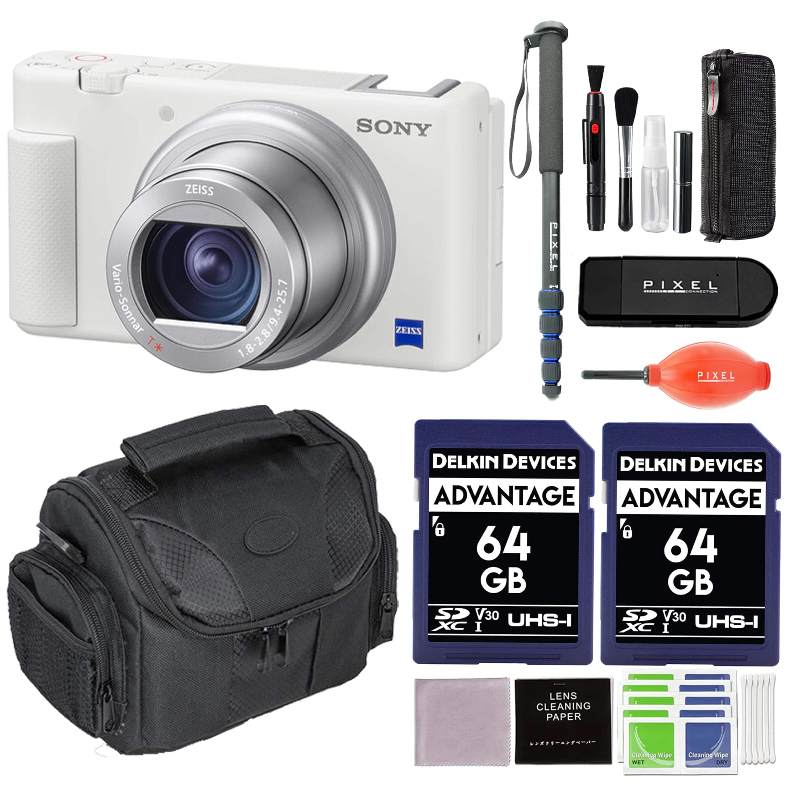 Sony - ZV-1 Digital Camera Bundle with Gadget Bag, Monopod, 64GB Memory Card (2 PC) + More