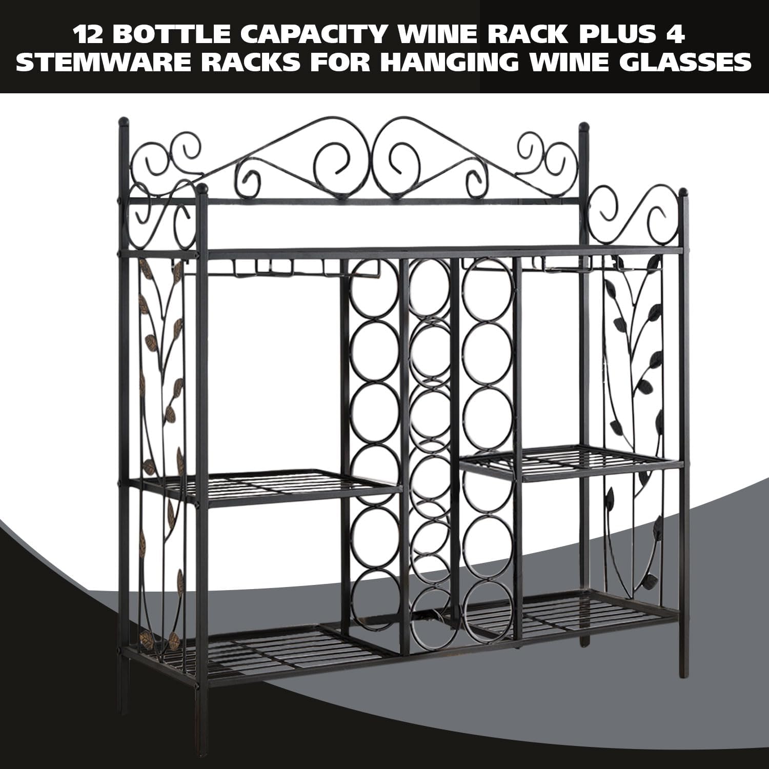 12 BOTTLE CAPACITY WINE RACK PLUS 4 STEMWARE RACKS FOR HANGING WINE GLASSES