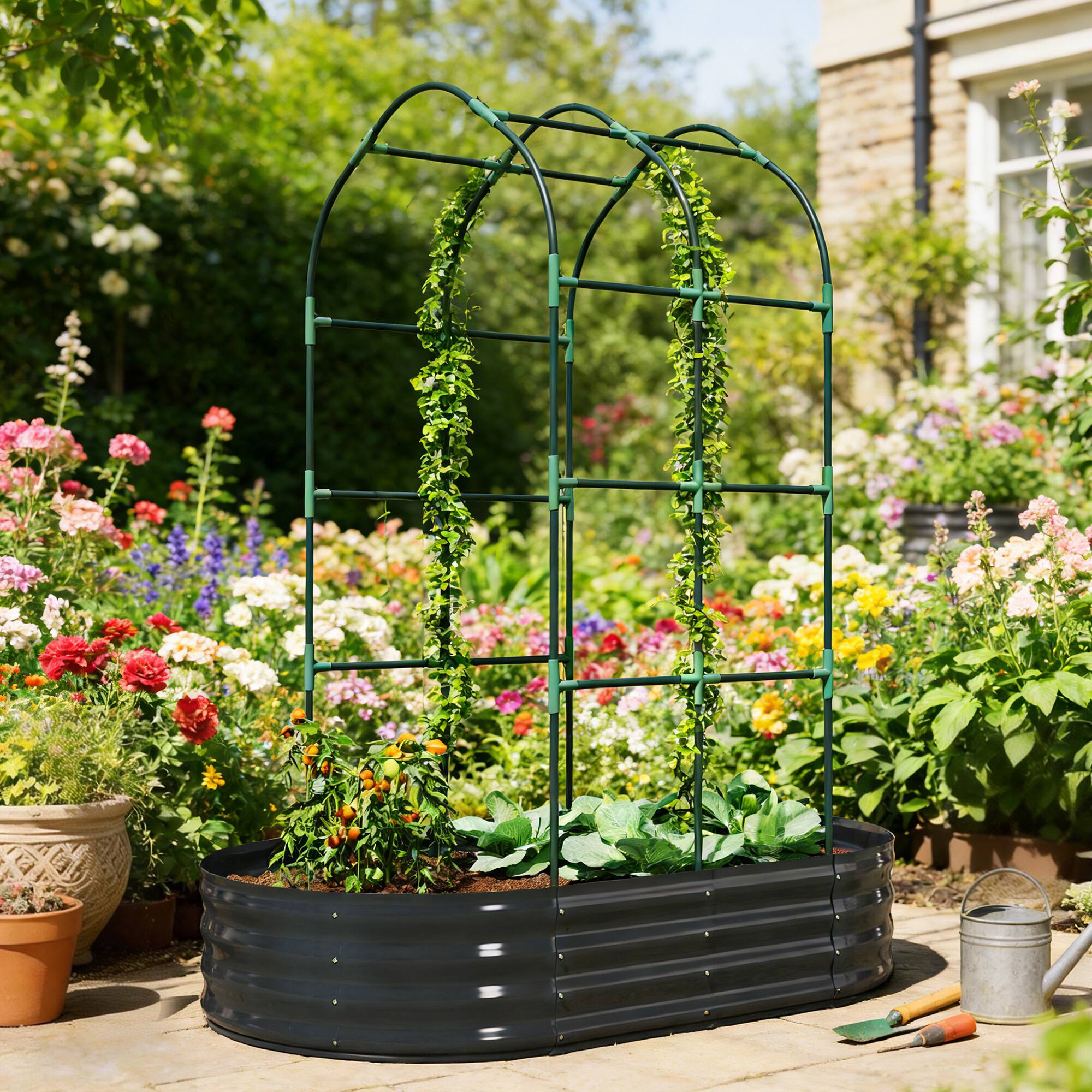 Alt View 1. Outsunny - Galvanised Raised Garden Bed with Arched Trellis, 5 x 3 x 6ft Metal Outdoor Planter Box with Open Bottom Design.