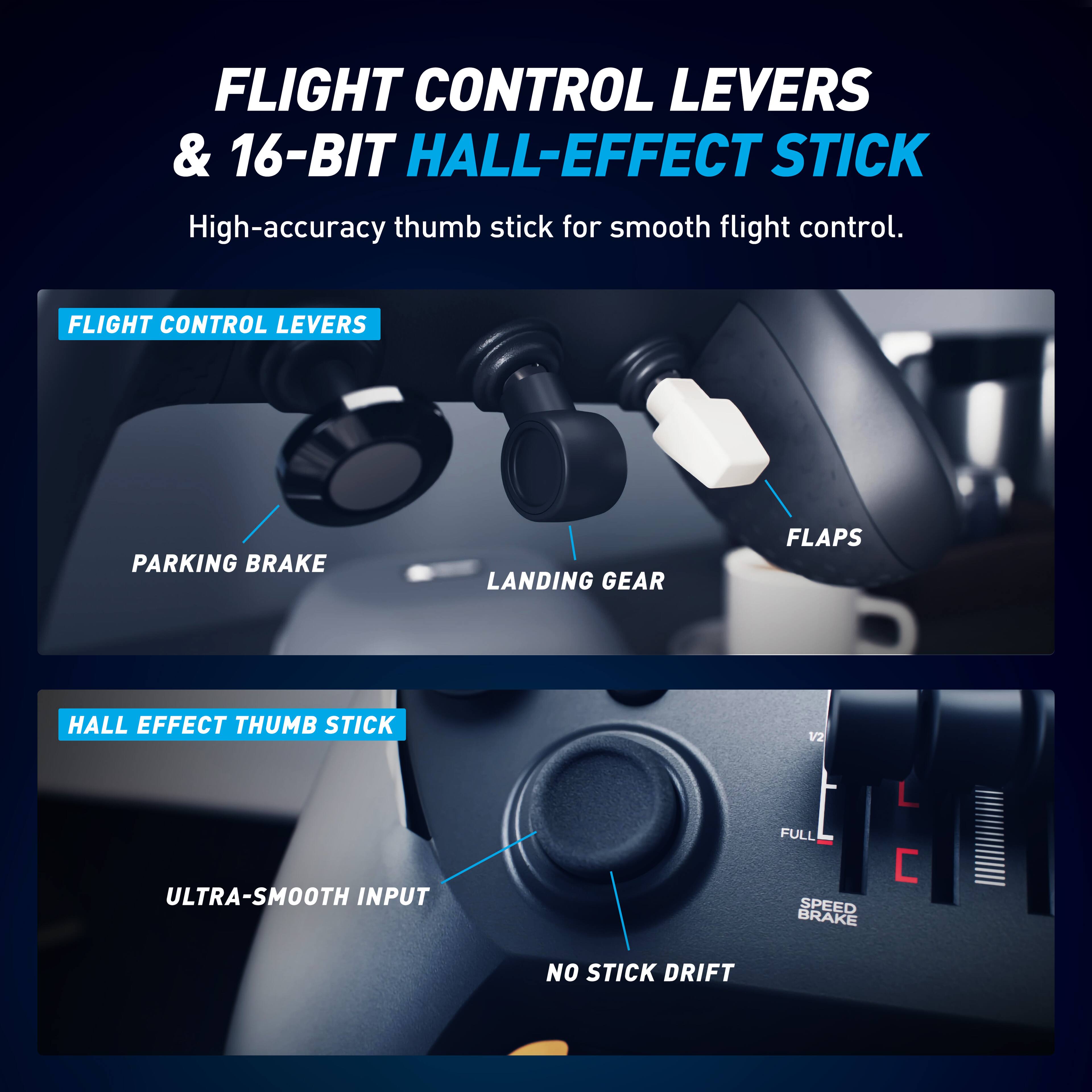 FLIGHT CONTROL LEVERS & 16-BIT HALL-EFFECT STICK  
High-accuracy thumb stick for smooth flight control.  

FLIGHT CONTROL LEVERS  
PARKING BRAKE  
LANDING GEAR  
FLAPS  

HALL EFFECT THUMB STICK V2  
FULL  
ULTRA-SMOOTH INPUT  
SPEED BRAKE  
NO STICK DRIFT