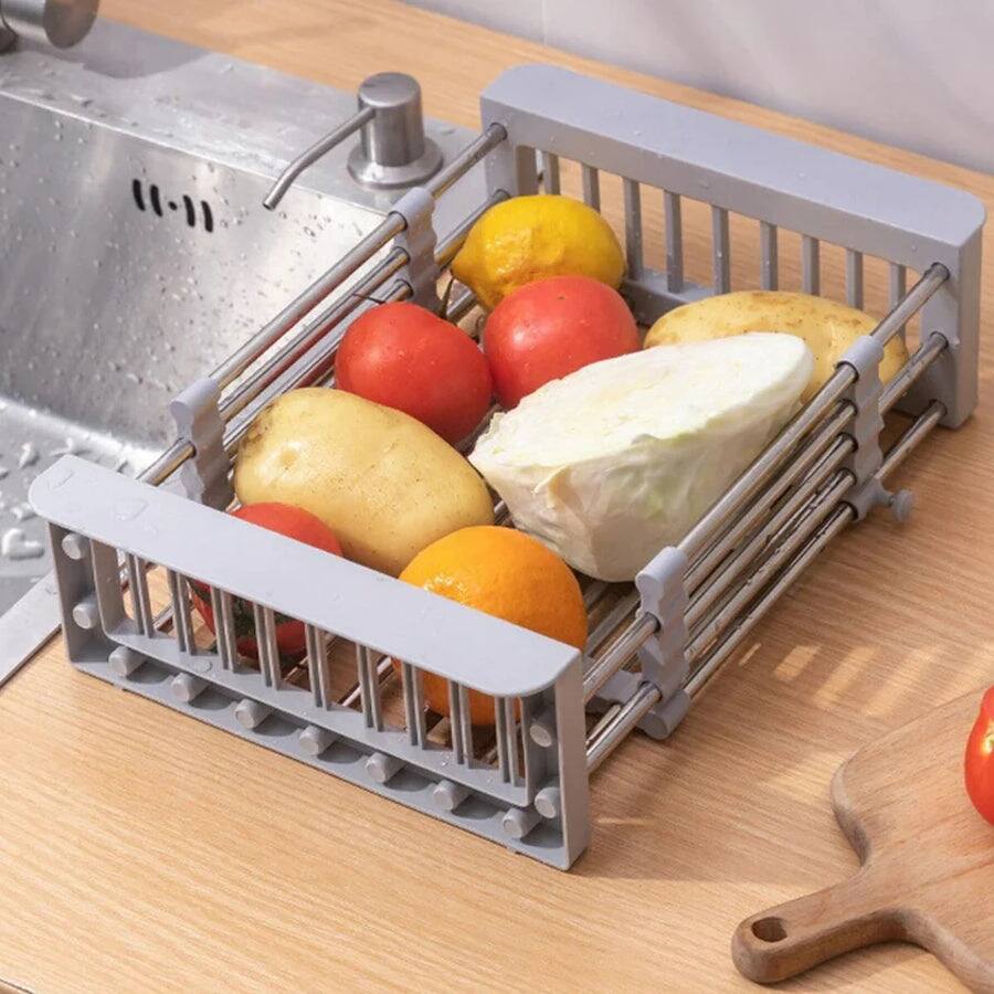 Angle. Adivo - Expandable In-Sink Dish Drying Rack with Handles, Stainless Steel Kitchen Organizer for Dishes and Food - Gray.