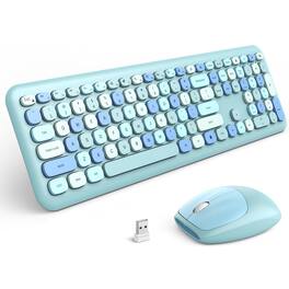 Live At Space - Wireless And Mouse Combo Retro With Round Keycaps hz Dropout-free Connection Cute Usb For Pc/laptop/windows Xp/7/8/10 - Blue Mixed